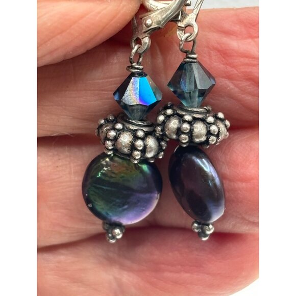 Silver 925 Earrings Iridescent Coin Pearl Drops & Aurora Borealis Beads Elegant - Picture 4 of 6